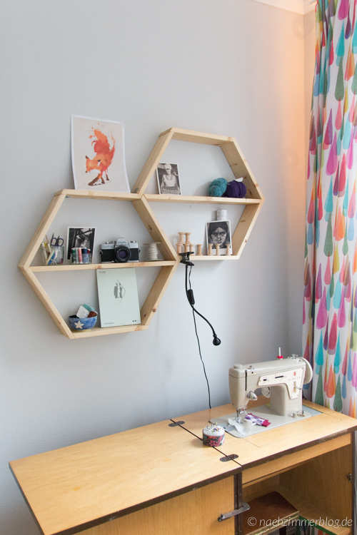 Handmade Honeycomb Shelves in my Sewing Room | makemakeblog.com