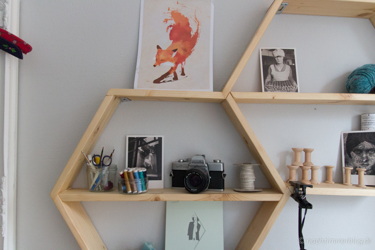 Closeup of the Handmade Honeycomb Shelves in my Sewing Room | makemakeblog.com