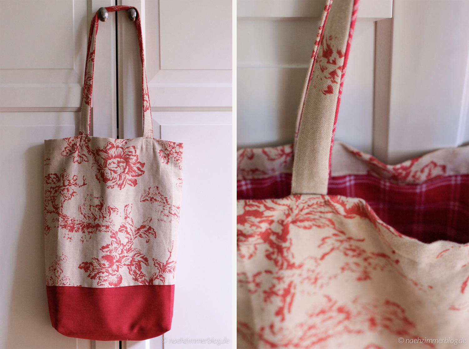 Handmade Floral Tote Bag in Toile de Jouy Fabric